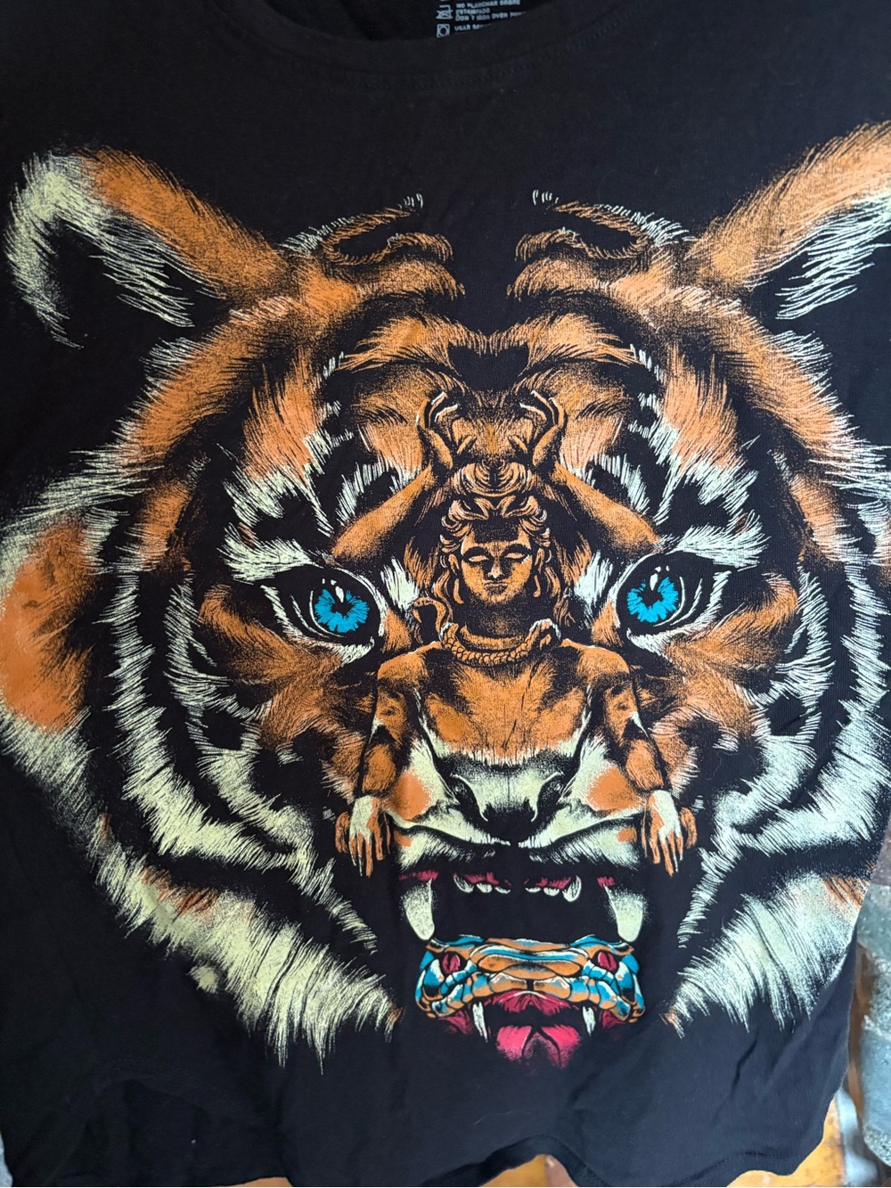Y2K Tiger Goddess Snake Graphic Tee Edgy Biker Black Cotton Top S Trip & Dream - Picture 4 of 4